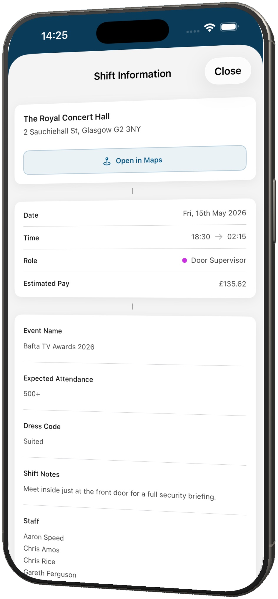 Get Security app shift information screen