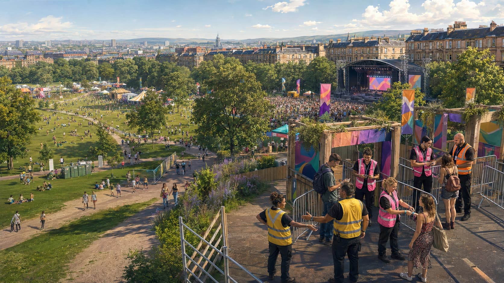 Festival security staff welcoming guests, with the event grounds and main stage beyond
